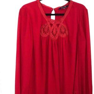 Red Long Sleeve Keyhole Blouse With Embroidered Neckline By Max Edition